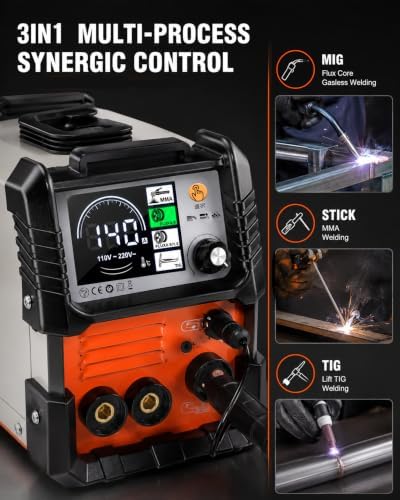 MIG Welder 140A, 110V Gas/Flux Core MIG Welding Machine, 3-in-1 MMA Stick Welder Lift TIG Welder with Digital Display, Synergic Control, Portable Welder Machine for Home DIY