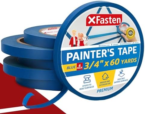 XFasten Blue Painters Tape 3/4 Inch Wide x 60 Yards 6-Pack, UV Residue-Free Blue Masking Tape for Clean Lines, Indoor and Outdoor Multi-Surface Use - Sharp Paint Lines for Walls, No Mess Easy Removal
