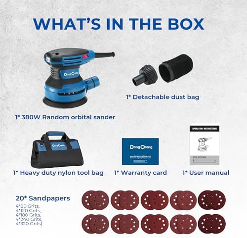 Dong Cheng 5-Inch Random Orbital Sander 3.2A 12800OPM Electric Palm Sander, 6 Variable Speeds, with 20pcs Sandpaper & Detachable Dust Bag, Power Sander for Woodworking, Sanding & Polishing
