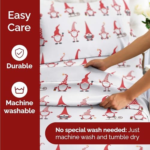 Christmas Sheet Set, Holiday Gnomes Red, Holiday Xmas Bedding Set - Full