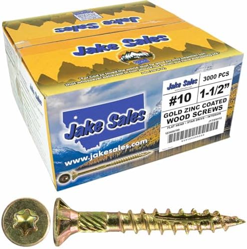 Jake Sales #10 X 1-1/2" Gold Star Wood Screw Torx/Star Drive Flat Head (Full Box - 3,000 Screw Count) - Multipurpose Torx/Star Drive Wood Screws