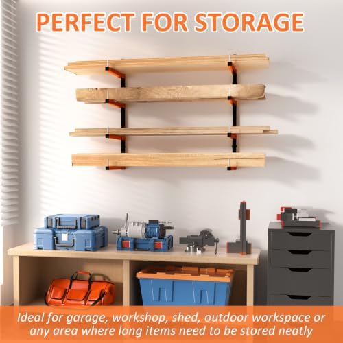 2 Pack Lumber Storage Rack, Wall Mount Removable & Adjustable Lumber Rack with 4-Level Holds Up 520 Lbs, Heavy Duty Metal Garage Wood Rack for Workshop, Basement, Indoor and Outdoor