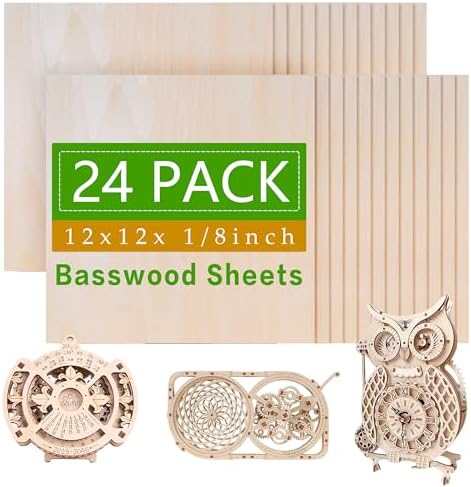 24 Pack 12 x 12 x 1/8 Inch 3mm Basswood Plywood Sheets for Laser Cutting, Wood Burning, DIY Crafts