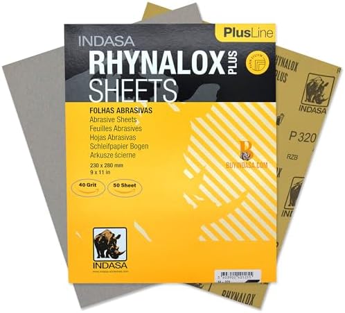 Indasa 50 PCS 9x11 Sandpaper - Dry Sanding Sheets, 40 Grit, Rhynalox Plusline Professional-Grade Abrasive for Wood, Metal, Automotive, and Paint Finishing - Durable, Clog-Resistant Sand Paper