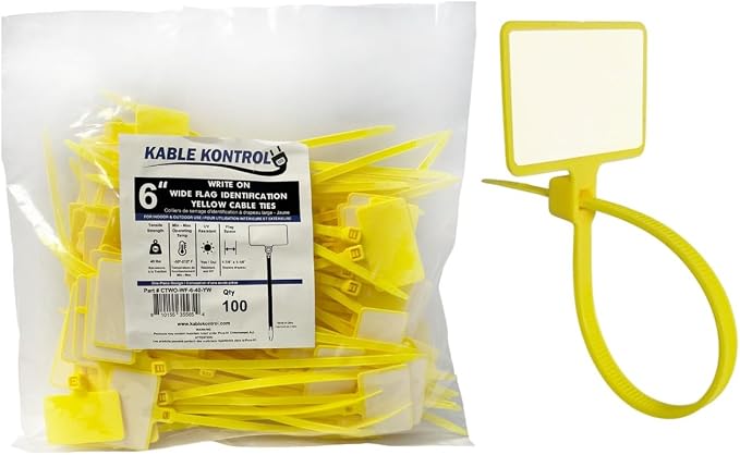 Kable Kontrol Write-On Flag Identification Zip Ties 6 Inch 100 Pcs - Yellow | Cable Markers 1‑7/8" x 1‑1/8" Writable Wide Flag Self‑Locking Nylon Marker Cable Ties for Cable Labeling