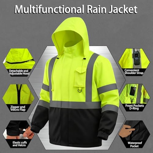 Hi Vis Class 3 Safety Rain Jacket for Men Waterproof, Reflective High Visibility Rain Gear Construction Rain Suit (Yellow-Black S/M)