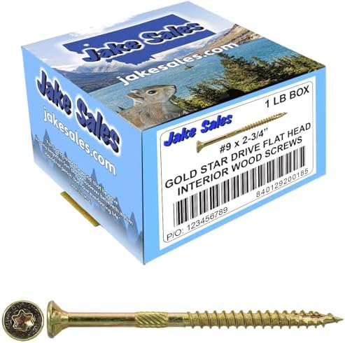 Jake Sales #9 x 2 3/4" Gold Star Wood Screw Torx/Star Drive Flat Head (1 Pound - 86 Approx. Screw Count) - Multipurpose Torx/Star Drive Wood Screws
