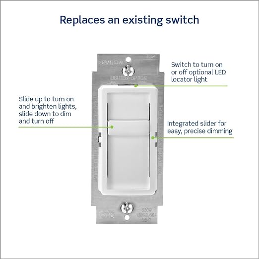 Leviton SureSlide Dimmer Switch for Dimmable LED, Halogen and Incandescent Bulbs, 6672-1LW, White