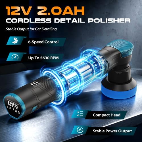 LDHTHOPI 73Pcs Cordless Mini Car Polisher Kit, 12V DA/RO Polisher, 6-Speed