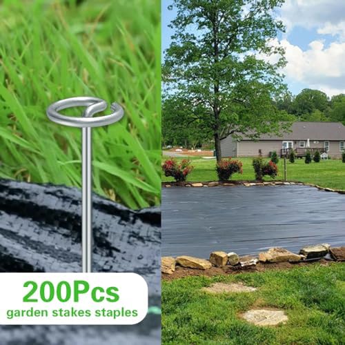 Bakulyor 200Pcs Circle Top Landscape Staples, 6 Inch Garden Stake 9 Gauge Galvanized Landscape Fabric Stakes, Heavy Duty Yard Ground Pins for Outdoor Gardening Weed Barrier Sod Fabric - Silver 6"