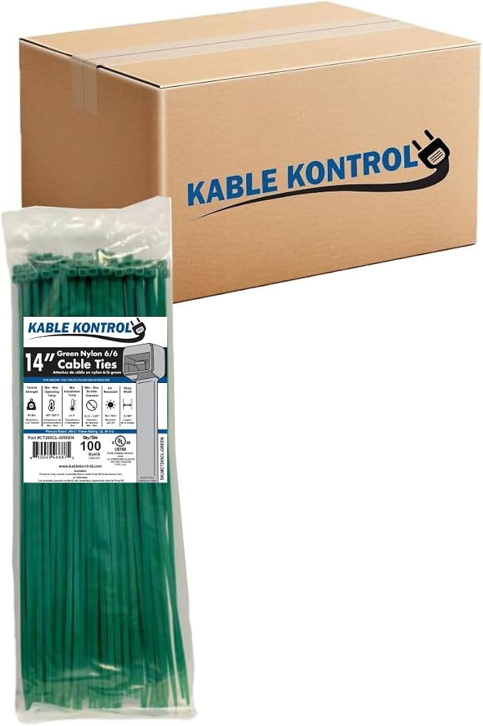 Kable Kontrol Cable Zip Ties, 14 Inch, 6000 Pcs, 50lbs Test, Green | Nylon Plastic, Self Locking, UL Listed, Indoor Use