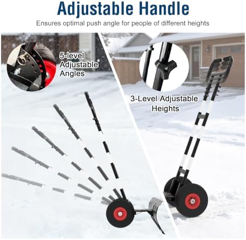 36-Inch Wheeled Snow Shovel, Galvanized Steel Snow Pusher with Wheels
