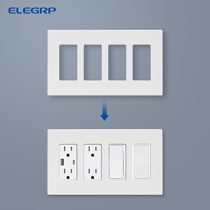 ELEGRP 4-Gang Screwless Decorative Wall Plates, Mid-Size Unbreakable Thermoplastic Faceplate Cover for Decorator Receptacle Outlet Switch, UL Listed (10 Pack, Matte White)