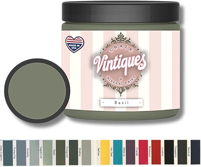 Vintiques Chalk & Mineral Paint, Basil, 8oz - Matte Finish- Easy Application for DIY Projects - Furniture, Wood, Metal, Home Decor and More - includes color card