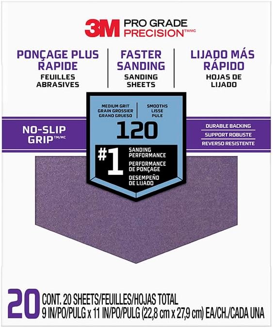 5-Pack of 9” x 11” 3M 27120 Tri-20 Pro Grade Precision No-Slip Grip Sanding Sheet, 120-Grit, 20-Pack