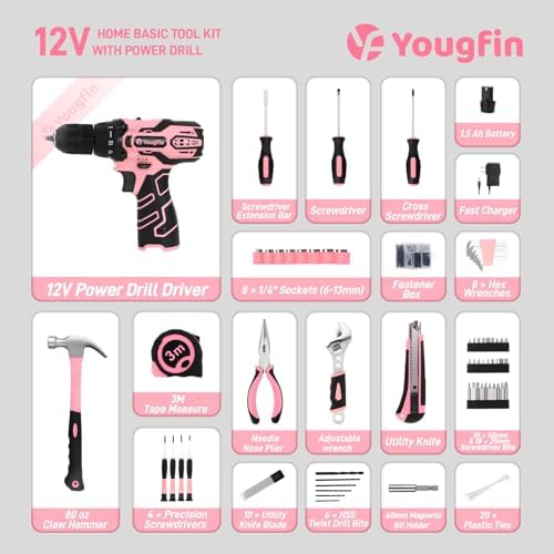 Pink Cordless Drill Driver Set 12V with Charger and 195PCS Tool Kit