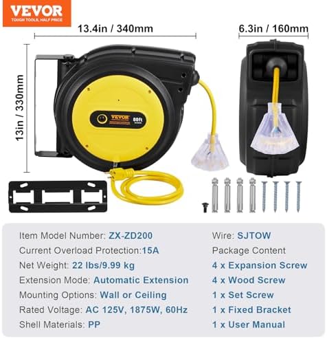 VEVOR 80FT Retractable Extension Cord Reel, 12AWG/3C SJTOW Heavy Duty Power Cord w/Lighted Electrical Triple Tap Outlets, 15A Circuit Breaker,180° Swivel Bracket for Workshop or Garage, Yellow
