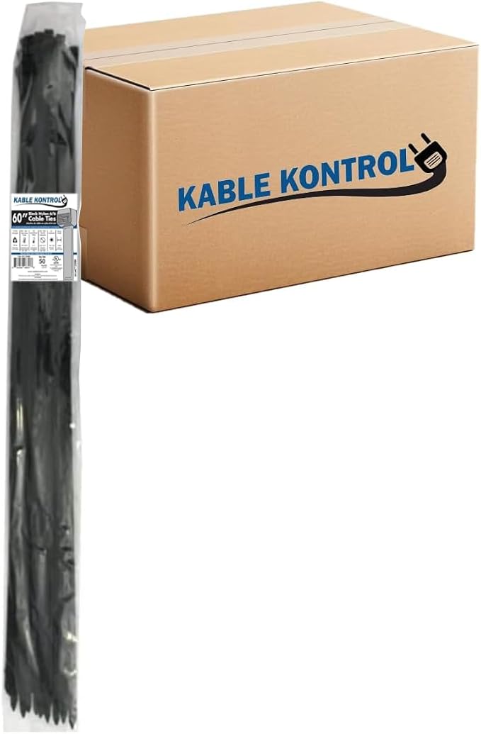 Kable Kontrol Cable Zip Ties, 60 Inch, 500 Pcs, HD 175lbs Test, Black | Nylon Plastic, UV-Resistant, Self Locking, UL Listed, Indoor & Outdoor Use
