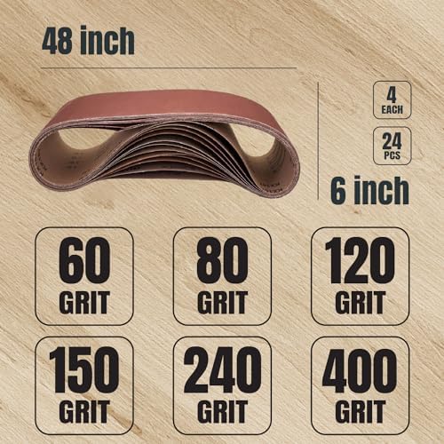 POWERTEC 6 x 48 Inch Sanding Belts, 24PK, 4 Each of 60/80/120/150/240/400 Grits, Aluminum Oxide Sanding Belt Assortment for Bench Belt Sander, Woodworking & Paint Removal, Metal Polishing (110167-P2)