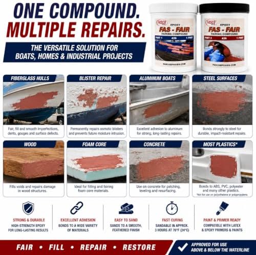Fasco Epoxies Fas-Fair #26 Marine Epoxy Fairing Compound – Quart Kit, 1:1 Epoxy Filler Putty for Fiberglass, Aluminum, Steel & Wood Boat Repair – Easy Sanding, Non-Sag Formula