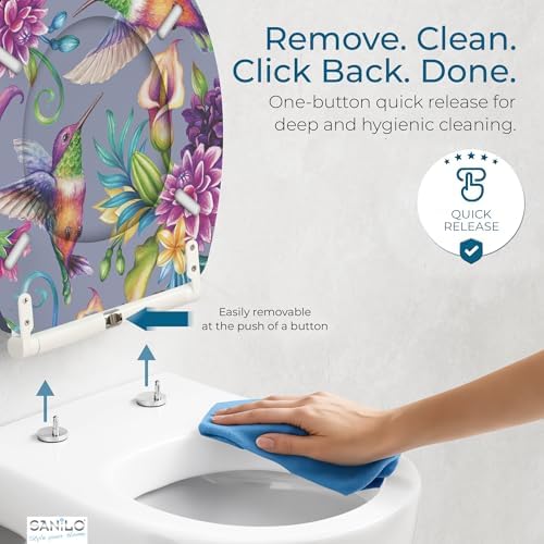 Sanilo Wooden Toilet Seat with Quick Release & Soft Close [ROUND] - Decorative & Slow Close Molded Wood Seat - With One Click for Easy Installation & Cleaning - With Adjustable Fit (Hummingbird)