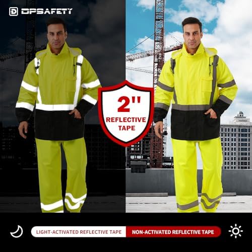 Hi Vis Safety rain Jacket，Reflective Class 3 Rain coat with Inner Mesh Lining and Pockets High Visibility Waterproof work Rain Suits for men&women（Lime,LG/XL）