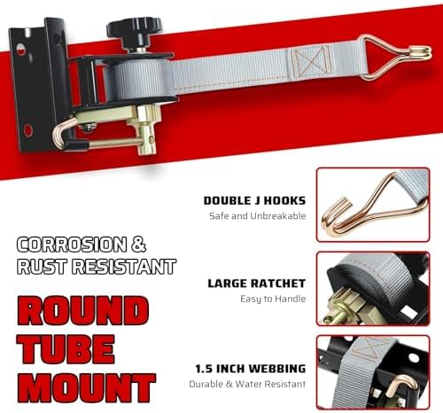 Rack Straps with J-Hook (2PK),1.5" x7.5' Ladder Rack Ratchet Straps, 2" Round Tube Mount, Perfect Ladder Rack Tie-Downs for Trailer Cargo Control