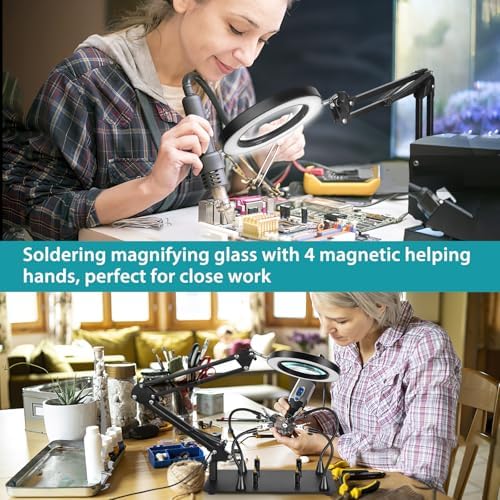 Helping Hands Soldering Station, 12X Magnifying Glass with Light with Soldering Clamp, 4 Magnetic Third Hand & 4 PCB Holders, 360° Hot Air Gun Holder, Desk Lamp for Soldering Repair Jewelry