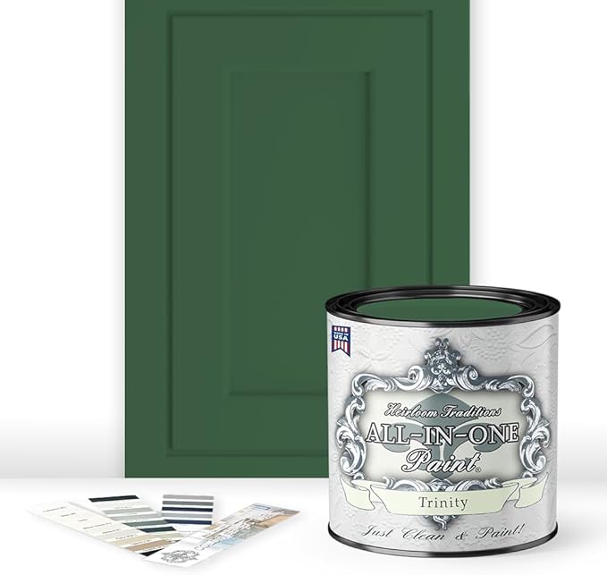 ALL-IN-ONE Paint by Heirloom Traditions, Trinity (Green), Quart - Durable cabinet and furniture paint. Built in primer and top coat, no sanding needed. Includes our 30 featured color card.