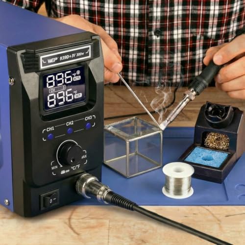 WEP 939D+IV 300W Heavy Duty Soldering Iron for Stained Glass, Larger Electronic Projects, PID Temp. Controlled LED Solder Station with 3 Quick Change Tips, Detachable Handpiece, 3 Pre-set Channels