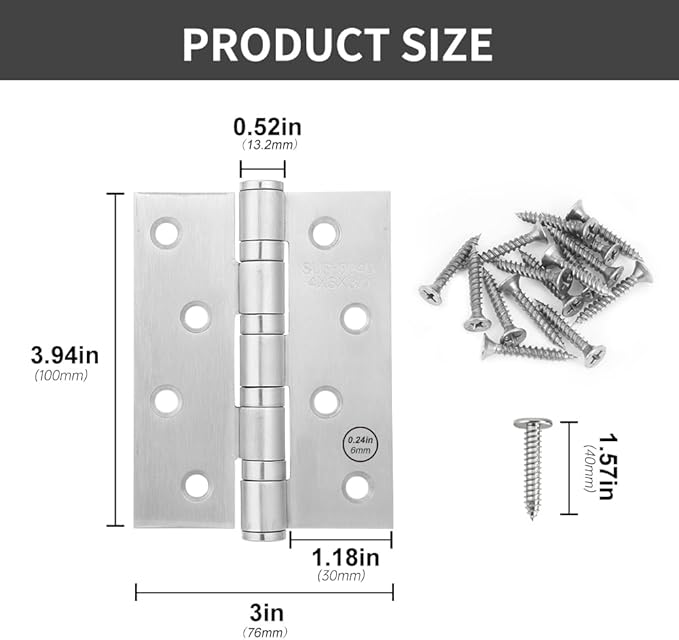 6 Pack Square Interior Door Hinges 4X3 inches Stainless Steel Door Hinge, Silver Butt Hinge Ball Bearing Hinges Window Hinges Outdoor Hinge with Screws