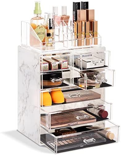 Sorbus Makeup Organizer, 7-Drawer Acrylic 2-Piece Set (Marble Print)