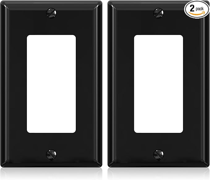 ELEGRP Decorative Receptacle Wall Plate, 1-Gang Standard Size Decorator Covers, Unbreakable Polycarbonate Faceplates for Decorator Device, UL Listed, Screws Included (2 Pack, Glossy Black)