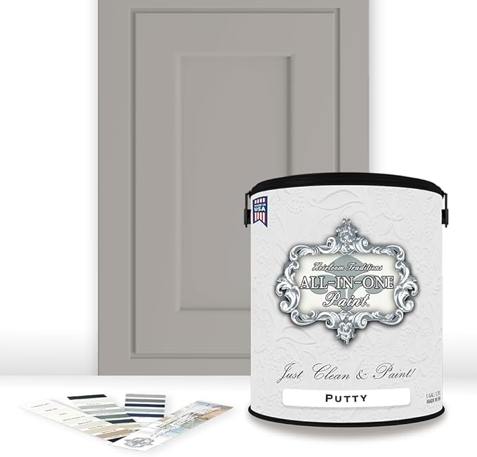 ALL-IN-ONE Paint by Heirloom Traditions, Putty (Light Taupe), Gallon - Durable cabinet and furniture paint. Built in primer and top coat, no sanding needed. Includes our 30 featured color card.