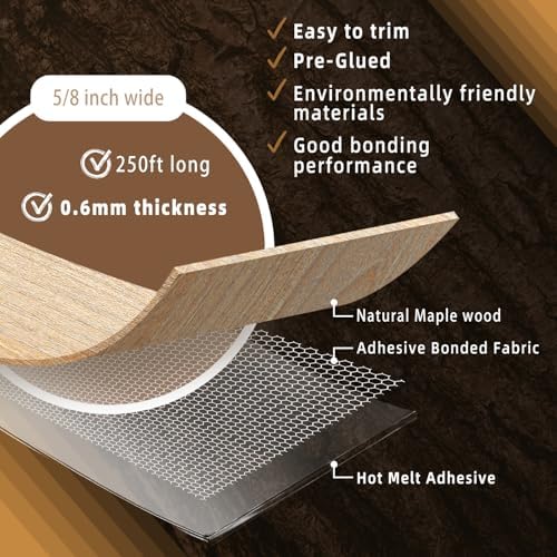 GSCIT Club Maple Edge Banding, 5/8 inch x 250ft roll of Veneer Edge Banding -Pre-glued Flexible, Real Wood Tape Banding for Cabinet Repair Furniture Restoration