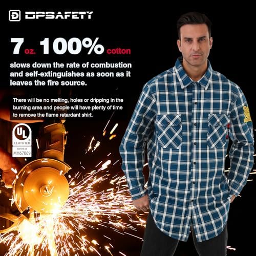 FR Shirts for Men 7oz Fire Resistant Shirts CAT2 Welding Shirt 100% Cotton Flame Resistant Shirt Blue/Plaid(5X-Large)