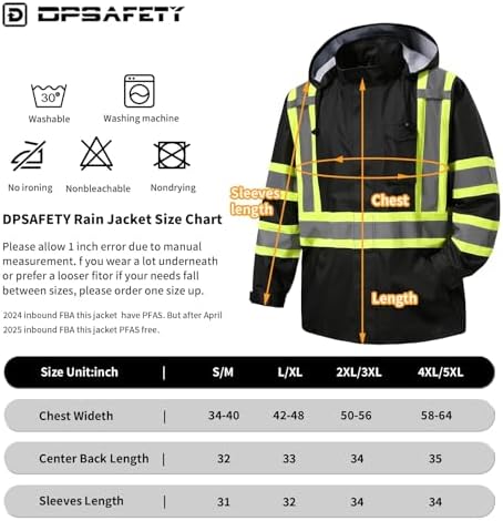 Reflective Rain jackets for men waterproof,Hi Vis Safety Coat With Reflective Strips，High Visibility Class 3 Rain jackets With 2 large pockets，Zipper,Black，2XL/3XL