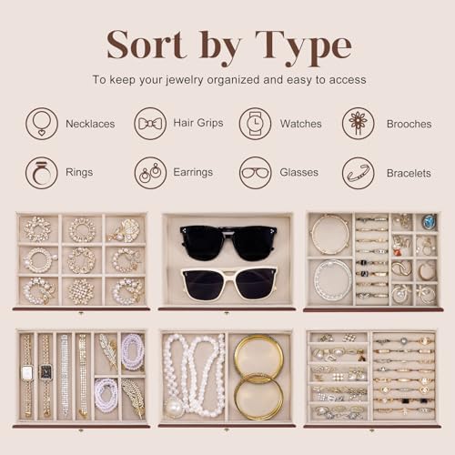 Dajasan Large Jewelry Organizer Box, 6-Tier Jewelry Storage Case with 5 Drawers, Jewelry Boxes for Women Girls with Mirror, Double Door, Textured PU Leather, Gift Idea, Stylish (Brown + Gold)