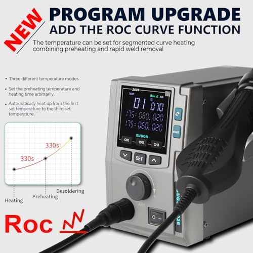 SUGON 2026 Hot Air Rework Station 700W, Standard/Curve heating mode, 4 Air Nozzle, 3 Memory storage, Sleep mode, ℃ / ℉,212℉-932℉, SMD Hot Air Station with Replace Air Nozzle Bracket