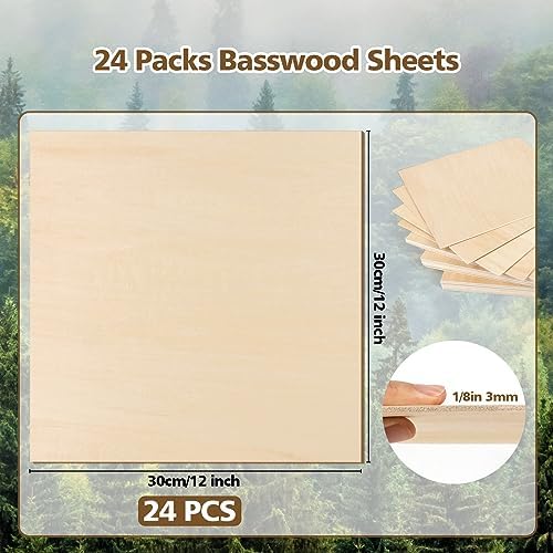 Adrattnay 24Pcs Basswood Sheets 12 x 12, 1/8in Basswood for Laser Cutting