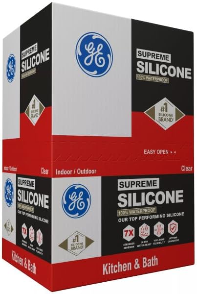 GE Supreme Silicone Caulk for Kitchen & Bathroom, Clear, 10 fl oz Cartridge, 12 Pack - 100% Waterproof Silicone Sealant, 7X Stronger Adhesion, Shrink & Crack Proof