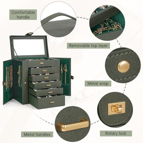 AKOZLIN 6-Tier Jewelry Box Organizer 5 Drawers Storage XLarge Darkgreen