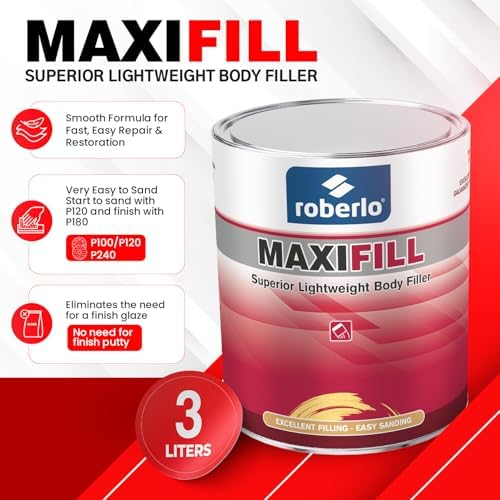 Roberlo Maxifill Superior Lightweight Body Filler – Easy Sanding & Paintable for Car Repairs – Ideal for Dents, Holes & Rust – Ultra Smooth Finish – 3 Liters + Hardener