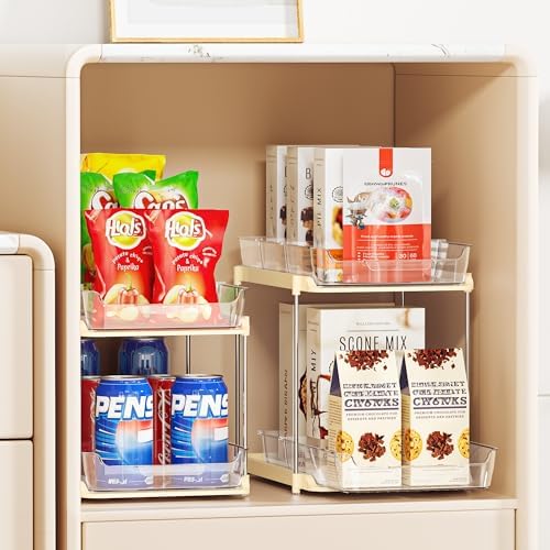 Delamu 2-Tier Multi-Purpose Bathroom Under Sink Organizers and Storage, Stackable Kitchen Pantry Organization, Pull Out Medicine Cabinet Organizer with Movable Dividers, Beige, 4 Pack