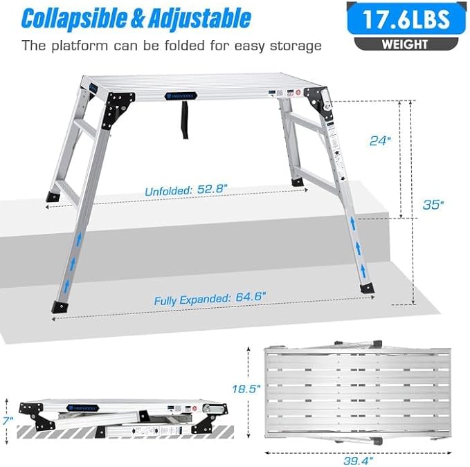 ORIENTOOLS Adjustable Work Platform, (39.4" X 18.5") Portable Folding Aluminum Step Ladder, Scaffolding Platform of Capacity 330 LBS Heavy Duty, 7 Gear Adjustable Height 24 to 35 inches