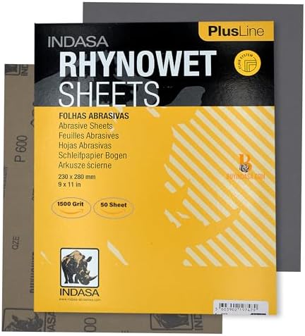 Indasa 50 PCS 9x11” Wet & Dry Sandpaper Sheets,1500 GRIT, Clog-Resistant Abrasive for Wood, Metal, Auto, Paint & Clear Coat Finishing, Sand Paper, Plusline Silicon Carbide, Plusline