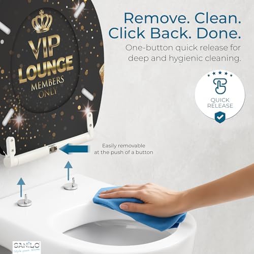 Sanilo Wooden Toilet Seat with Quick Release & Soft Close [ROUND] - Decorative & Slow Close Molded Wood Seat - With One Click for Easy Installation & Cleaning - With Adjustable Fit (VIP-Lounge)