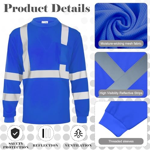 Amylove 4 Pcs Long Sleeve High Visibility Safety Shirts,XXL,Blue