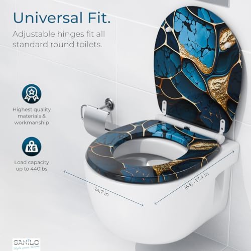 Sanilo Wooden Toilet Seat with Quick Release & Soft Close [ROUND] - Decorative & Slow Close Molded Wood Seat - With One Click for Easy Installation & Cleaning - With Adjustable Fit (Marble Cobalt)