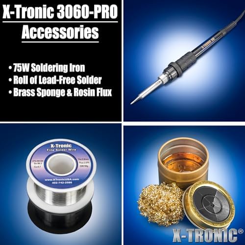 X-Tronic 3060-PRO - 75 Watt Soldering Iron Station with Mini Mag Lamp & 4 Helping Hands - 2 Digital LED Displays, 3 Temp Presets, Sleep Func, C/F Func, Brass Sponge w/Flux & Wet Sponge